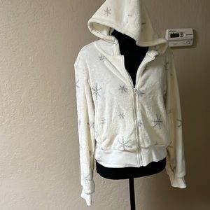 Pink Rose White Hooded Sweatshirt with Gray Snowflakes